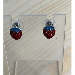 Strawberry Stud Earrings Red & Green Enamel Cute Fruit Design For Women & Girls